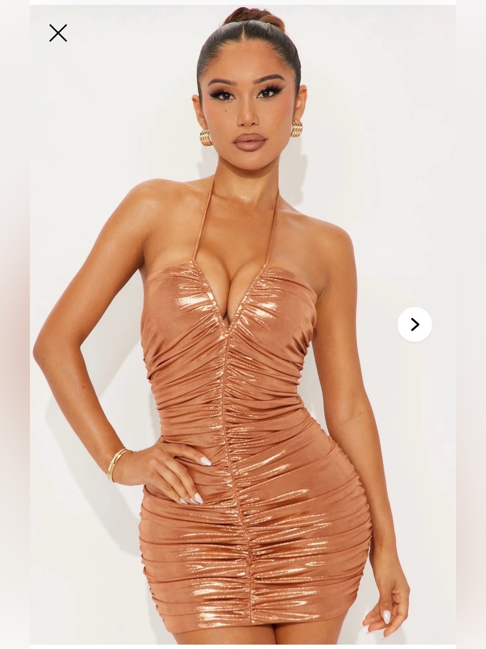 Melanie Metallic Halter Mini Dress Bronze Ruched Bodycon Size Medium